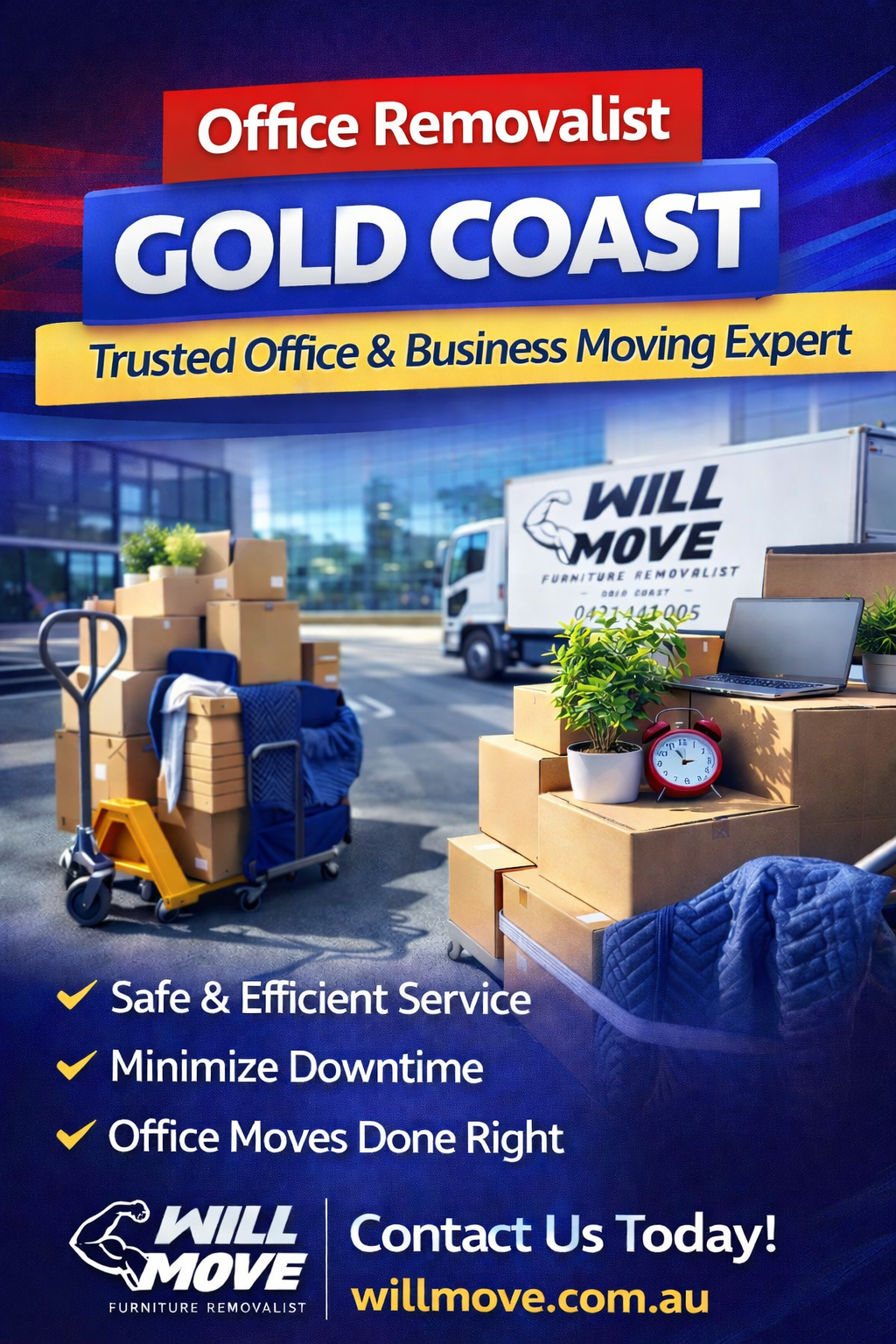 Office-Removalists-Gold-Coast-Will-Move-Van | Will Move Removalist Professional Will Move furniture removalists loading a moving van on the Gold Coast for an office relocation.