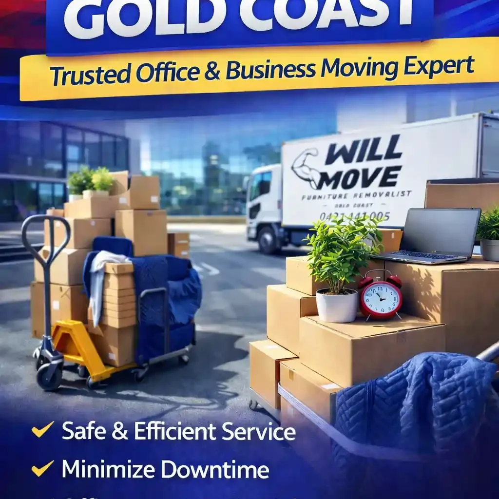 will | Will Move Removalist Ad banner for Will Move Office Removalist Gold Coast: stacked boxes, moving truck, and office gear with website willmove.com.au.
