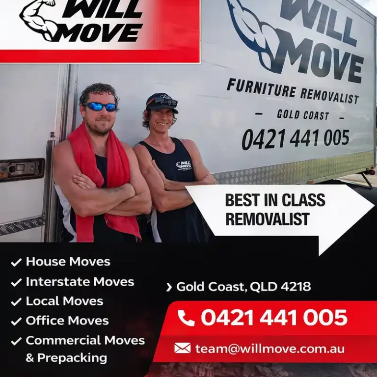 Will Move professional house removalists Gold Coast team with moving van during a furniture relocation.