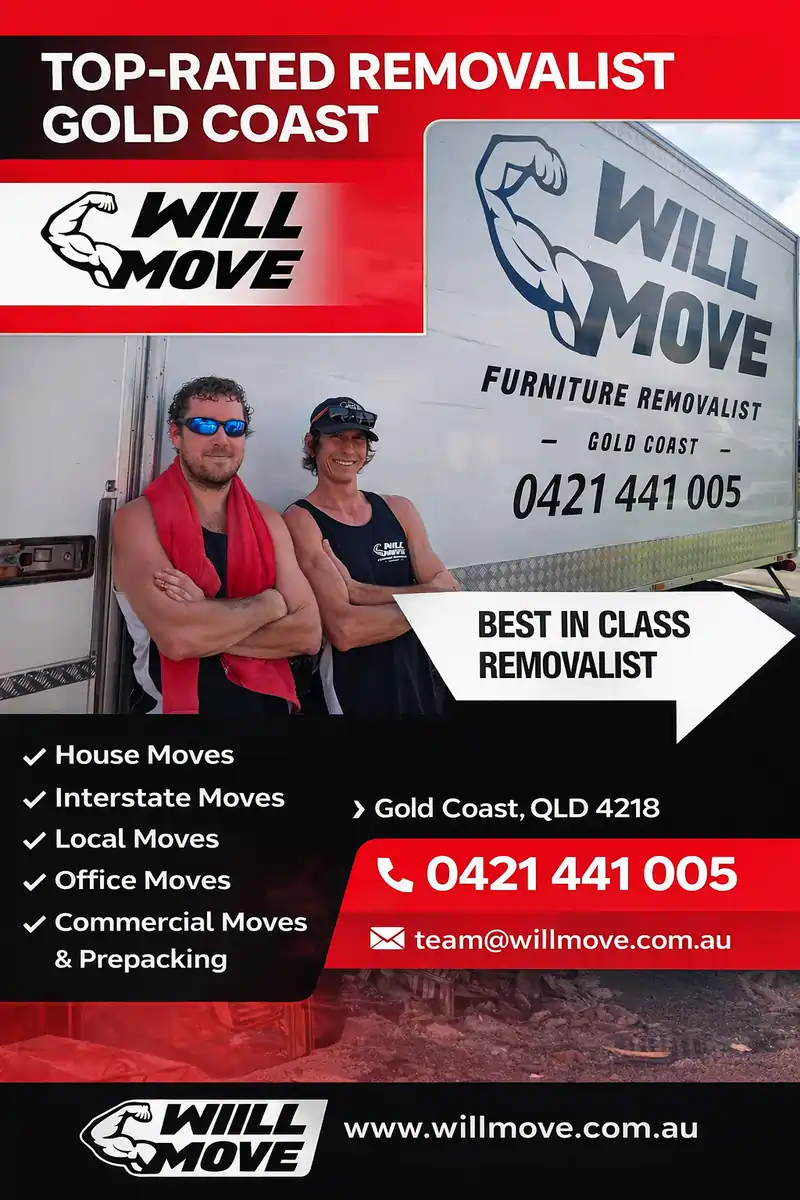Will Move professional house removalists Gold Coast team with moving van during a furniture relocation.